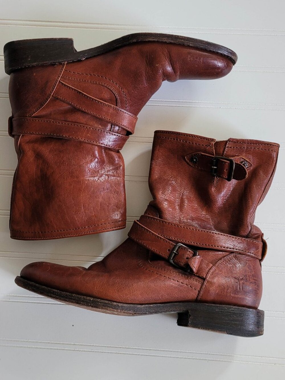 Frye Jayden Cross Engineer Cognac Brown Leather Ankle Boots Women's